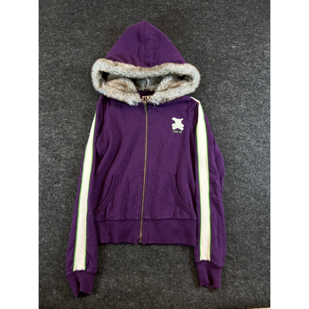 Victoria's Secret PINK Forever Faux Fur Hooded Zip Purple Womens XS Sweatshirt